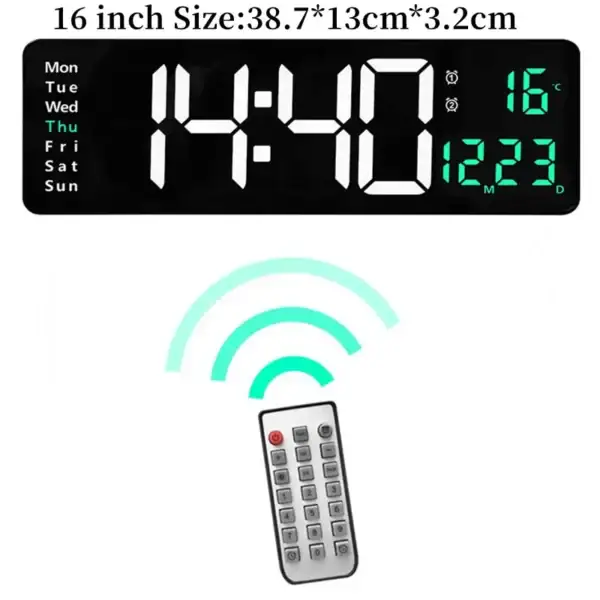 Horloge numérique LED de 16 pouces avec affichage de l'heure, de la température et de la date, accompagnée d'une télécommande pour une utilisation pratique.