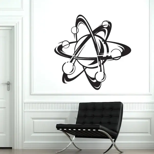 Illustration d'un atome scientifique stylisé en noir et blanc, décoratif pour un intérieur moderne ou un espace éducatif.