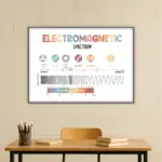 Affiche éducative illustrant le spectre électromagnétique avec différentes longueurs d'onde, incluant rayons gamma, X, ultraviolets, infrarouges, micro-ondes et radio.