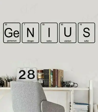 Illustration d'éléments chimiques avec leurs symboles et numéros atomiques, affichés sur un mur blanc dans un espace de bureau ou d'étude.