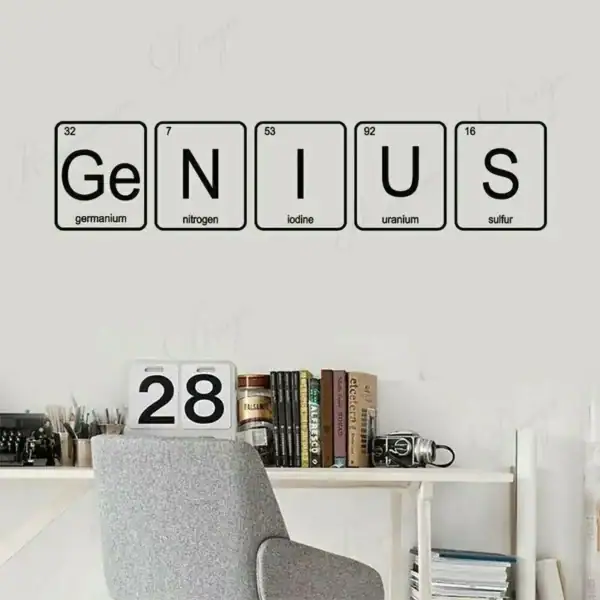 Illustration d'éléments chimiques avec leurs symboles et numéros atomiques, affichés sur un mur blanc dans un espace de bureau ou d'étude.