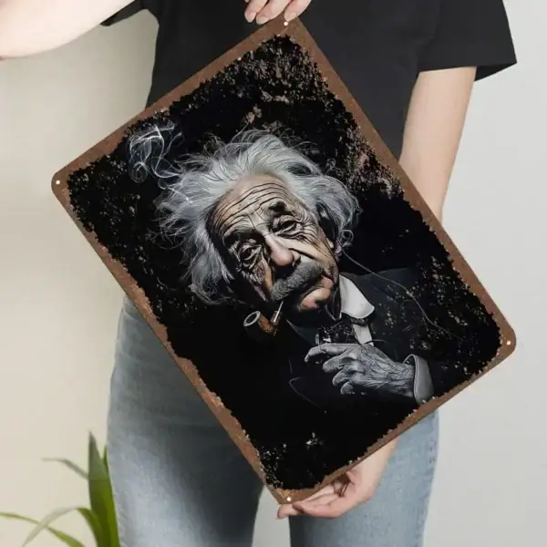 Illustration artistique d'Albert Einstein avec pipe, portrait en noir et blanc avec fond noir, mettant en valeur son visage emblématique et sa moustache distinctive.