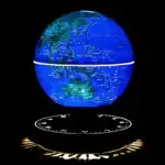 Globe terrestre lumineux en 3D avec base d'horloge, affichant la carte du monde en couleurs vives sur un fond noir.