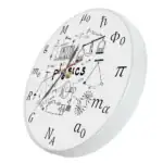 Horloge murale à thème scientifique avec illustrations de formules et instruments de physique, idéale pour décoration de bureau ou salle d'étude.