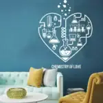 Illustration d'un cœur en ligne avec des symboles de chimie, représentant l'amour et la science, décoratif pour un espace intérieur moderne.