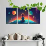 Balade dans l'espace avec un enfant assis sur la Terre, découvrant les planètes et étoiles dans un décor cosmique coloré.