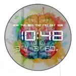 Montre digitale avec un design scientifique coloré, affichant l'heure, la date et le pourcentage de batterie, idéale pour la décoration de bureau ou d'espace éducatif.