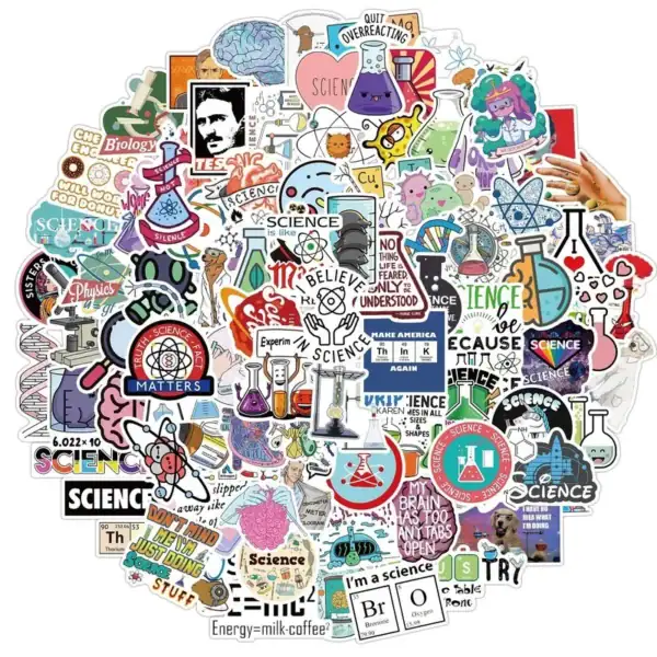 Panneau illustré avec des icônes et dessins liés à la science, tels que microscopes, fioles, atomes, et symboles scientifiques.