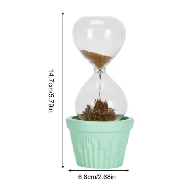 Sablier décoratif à thème scientifique, placé dans un pot vert, idéal pour la décoration de bureau ou d'étagère, apportant une touche ludique et éducative.