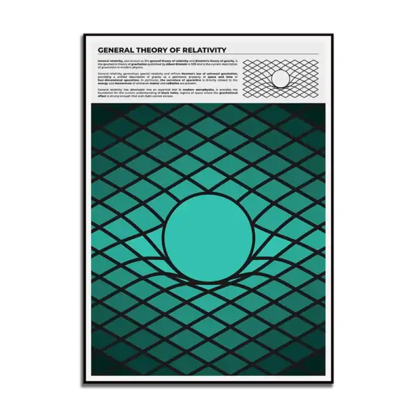 Illustration de la théorie de la relativité générale avec un graphique représentant un espace-temps déformé par une masse centrale.
