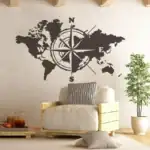 Décoration murale avec carte du monde et boussole, idéale pour un espace moderne ou scientifique.