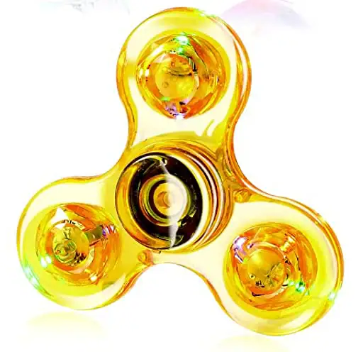 Fidget spinner en verre coloré avec trois branches, design transparent et brillant, idéal pour la décoration ou la collection scientifique.