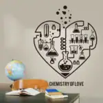 Illustration d'un cœur formé de symboles chimiques et de laboratoire, représentant la passion pour la science et l'amour.