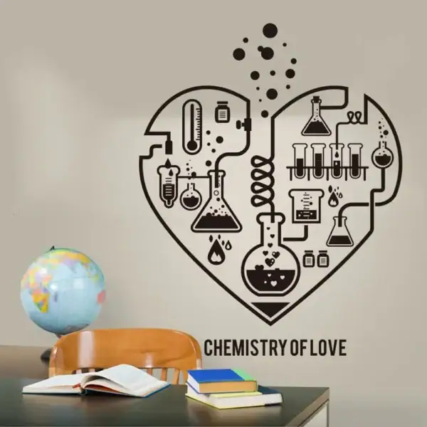 Illustration d'un cœur formé de symboles chimiques et de laboratoire, représentant la passion pour la science et l'amour.