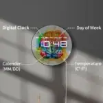 Horloge murale éducative avec affichage numérique, indiquant le jour de la semaine, la date, la température, et une horloge digitale, idéale pour la décoration scientifique.