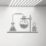Illustration simple de laboratoire avec un ballon, un flacon et un tube à essai, représentant des expériences scientifiques.