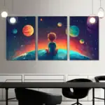 Balade imaginative dans l'espace avec un enfant assis sur une planète.