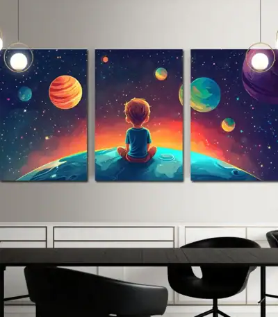 Balade imaginative dans l'espace avec un enfant assis sur une planète.