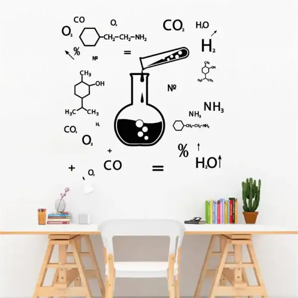 Illustration d'une formule chimique complexe avec un ballon de laboratoire, symbolisant la science et la recherche.