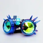 Lunettes de science futuristes avec monture bleue et piques colorées, parfaites pour la décoration ou les accessoires de science.