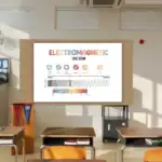 Panneau éducatif illustrant le spectre électromagnétique avec différentes longueurs d'onde et couleurs, mettant en évidence la lumière visible.