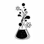 Verre de laboratoire avec bulles et éléments atomiques flottants.