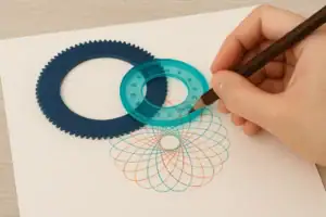 Outils de géométrie avec cercles en plastique et compas, utilisés pour créer des motifs mathématiques précis.