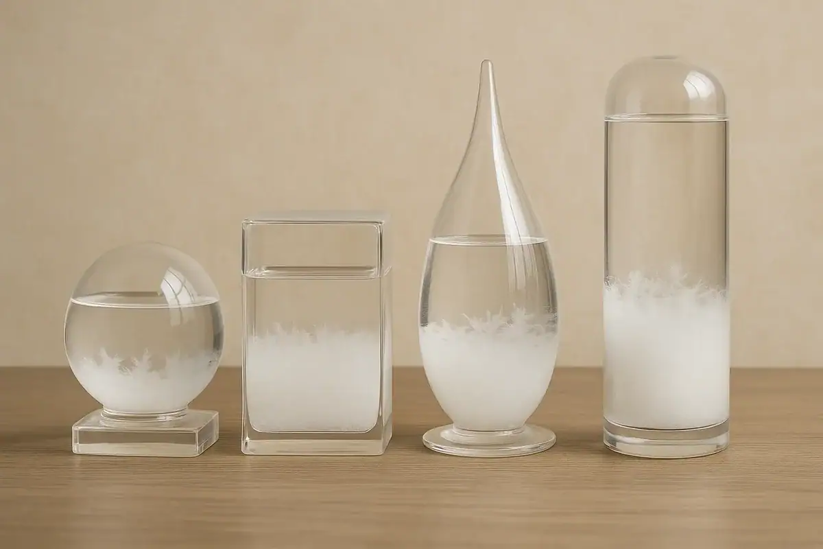 Collection de bouteilles et flacons en verre de différentes formes, contenant un liquide transparent et une poudre blanche, sur un fond neutre.