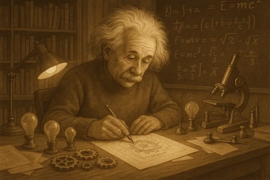 Albert Einstein arbeitet an wissenschaftlichen Formeln mit Mikroskop und Glühbirnen auf einem alten Schreibtisch.