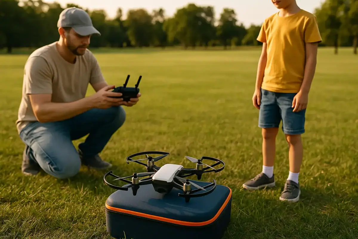Drone radiocommandé avec contrôleur, prêt à voler, dans un espace vert en plein air. Un adulte et un enfant interagissent avec l'appareil, illustrant la passion pour la technologie et la découverte sc.