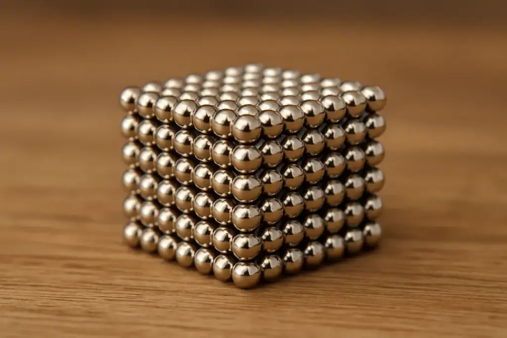 Billes métalliques formant un cube magnétique, idéal pour expériences scientifiques ou décoration moderne.