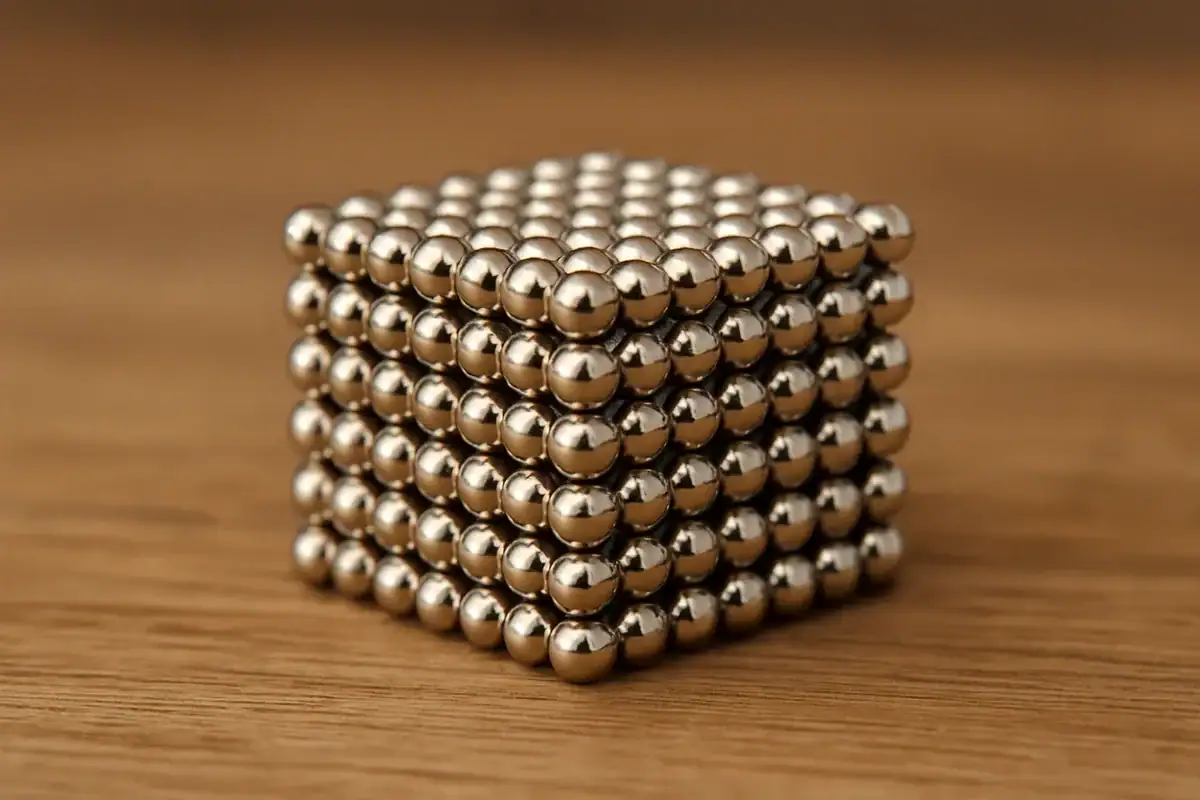 Billes métalliques formant un cube magnétique, idéal pour expériences scientifiques ou décoration moderne.