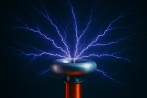 Éclair de haute tension généré par une pointe de décharge électrique, illustrant la puissance de l'électricité statique et la science derrière la foudre.