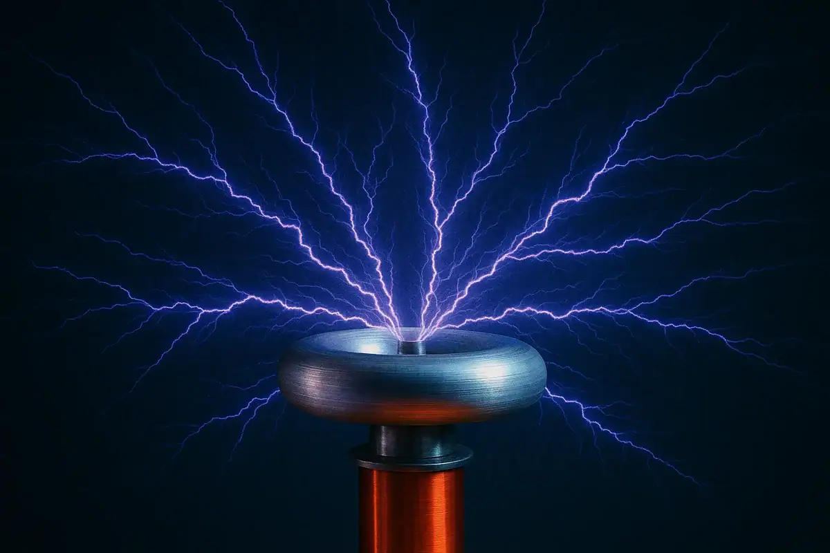 Éclair de haute tension généré par une pointe de décharge électrique, illustrant la puissance de l'électricité statique et la science derrière la foudre.
