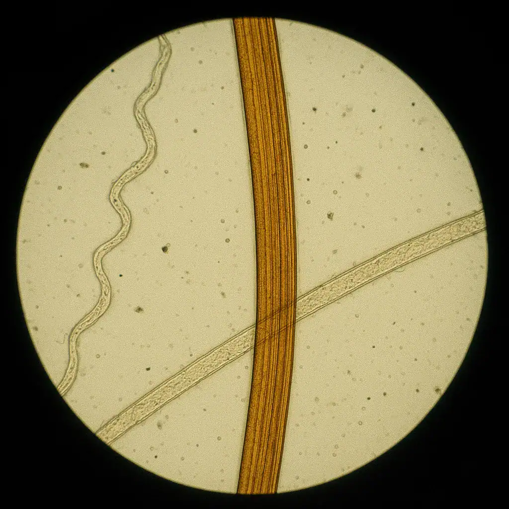 Nahaufnahme von Parasiten und Fasern unter dem Mikroskop, zeigt komplexe Strukturen und Texturen.