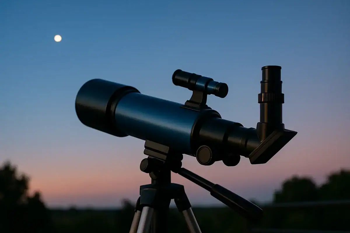 Télescope astronomique noir sur trépied en extérieur au coucher du soleil, avec la lune visible dans le ciel clair, idéal pour l'observation des étoiles.