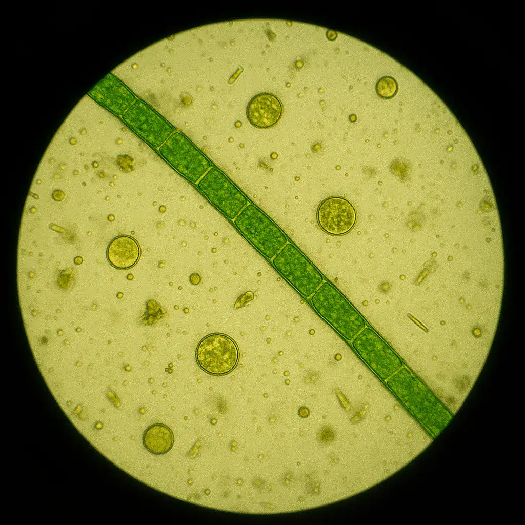Mikroskopaufnahme einer grünen Alge mit einer langen, geraden Zellkette und zahlreichen kleinen, runden Zellen im Hintergrund. Perfekt für wissenschaftliche und dekorative Zwecke.