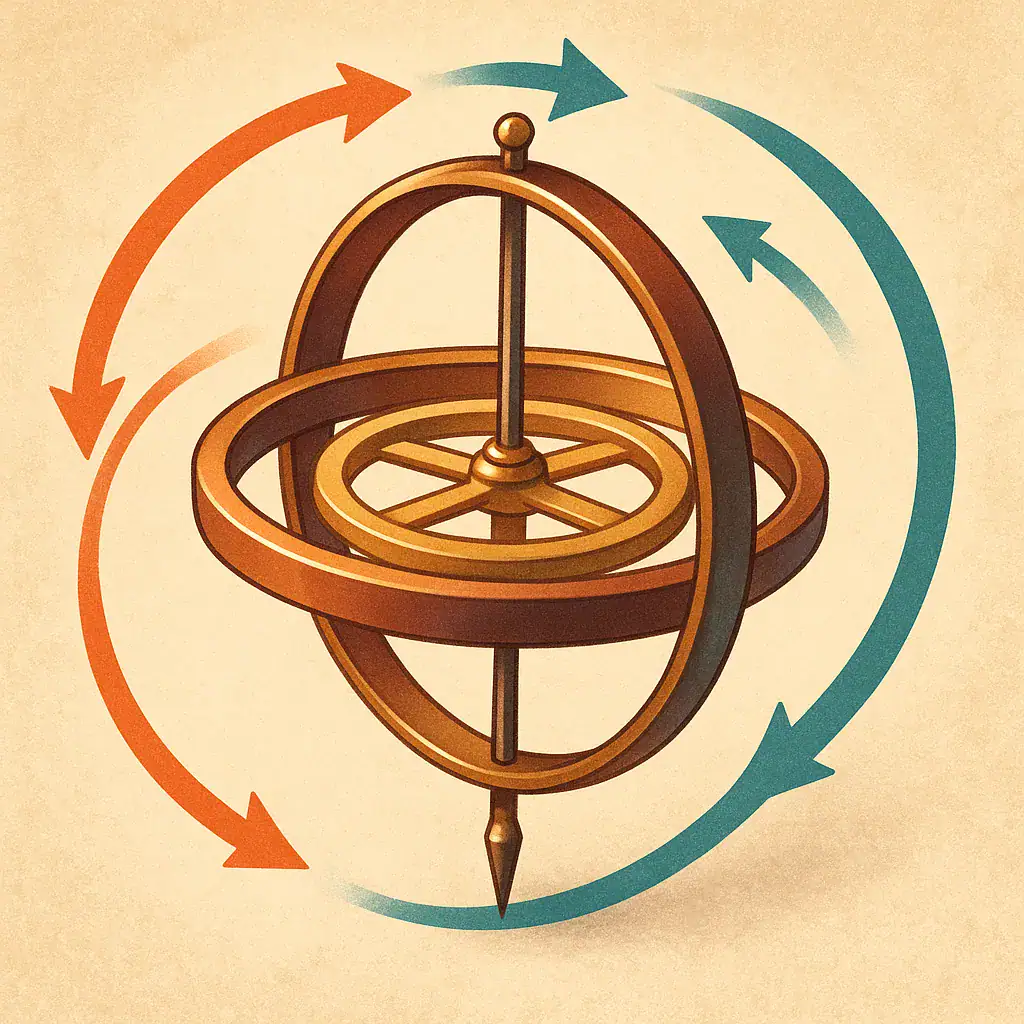 Modèle ancien d'astrolabe avec sphères et flèches colorées représentant le mouvement céleste.