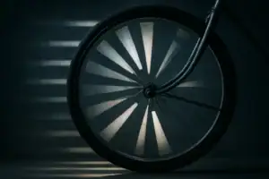 Roue de vélo stylisée avec motifs scientifiques, mettant en valeur un design innovant et moderne pour la décoration ou la collection.