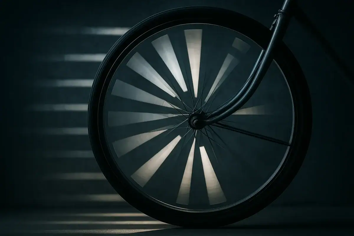 Roue de vélo stylisée avec motifs scientifiques, mettant en valeur un design innovant et moderne pour la décoration ou la collection.