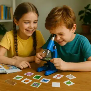 Deux enfants utilisant un microscope pour explorer des objets scientifiques, avec des cartes illustrées sur la table, dans un environnement éducatif et ludique.