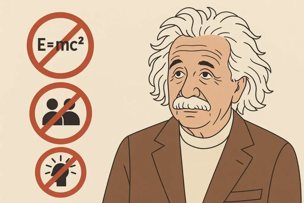 Porträt von Albert Einstein vor einer Tafel mit physikalischen Formeln und Gleichungen, symbolisiert Wissenschaft und Physik.