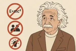 Illustration d'Albert Einstein avec symboles scientifiques de la relativité, incluant E=mc², une figure humaine et un compteur, pour une décoration scientifique.