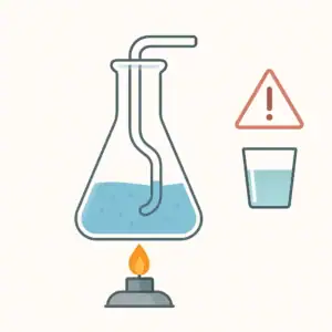Illustration d'une expérience de chimie avec un ballon de laboratoire, une flamme et un symbole d'avertissement, soulignant l'importance de la sécurité en laboratoire.