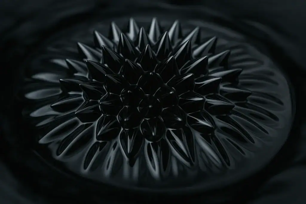Image d'une pomme de pin en métal noir brillant, utilisée comme décoration scientifique ou objet de collection, avec un design moderne et élégant.