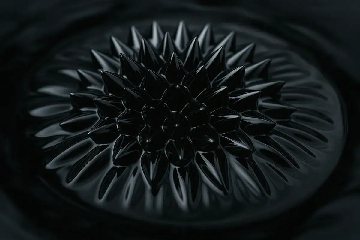 Image d'une pomme de pin en métal noir brillant, utilisée comme décoration scientifique ou objet de collection, avec un design moderne et élégant.