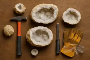 Collection de géodes de quartz naturelles avec outils pour décoration scientifique et intérieure. Parfaites pour amateurs de minéraux et décoration d'intérieur.