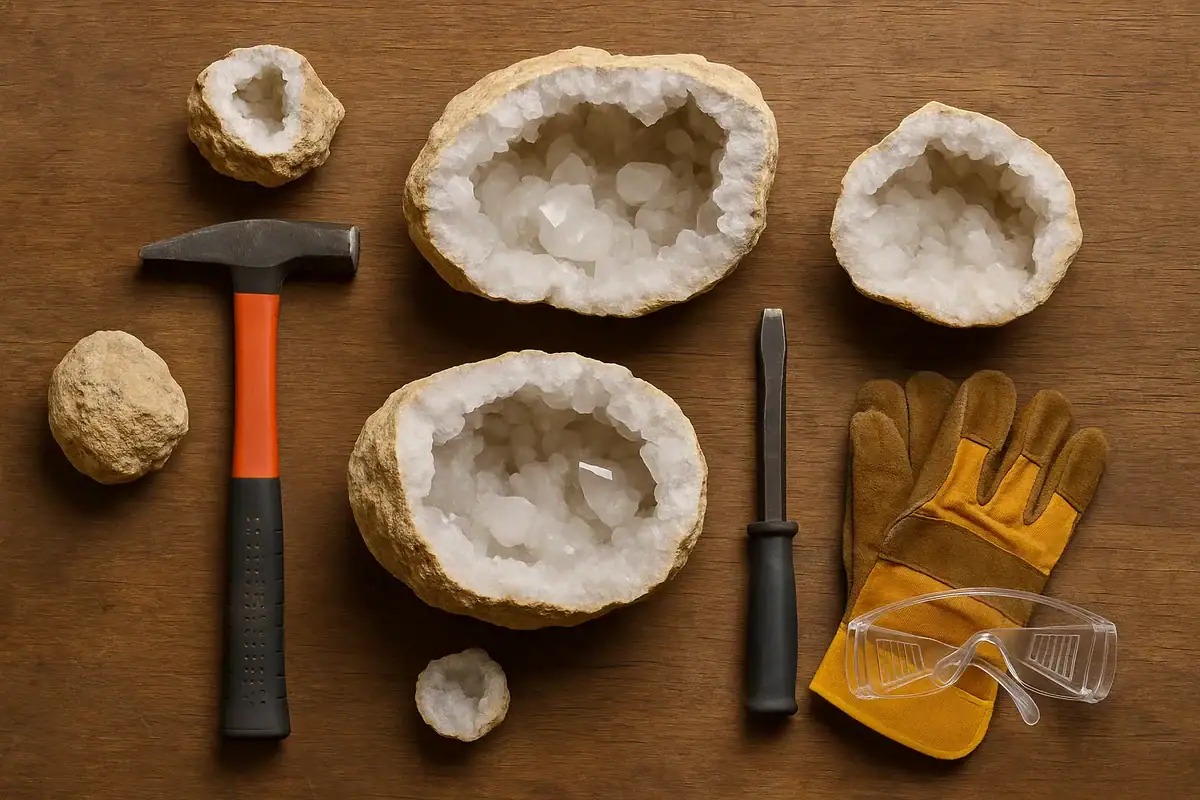 Collection de géodes de quartz naturelles avec outils pour décoration scientifique et intérieure. Parfaites pour amateurs de minéraux et décoration d'intérieur.