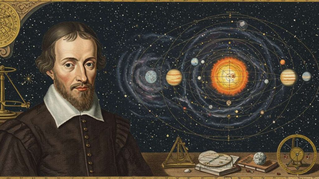 Portrait d'un homme avec un modèle du système solaire en arrière-plan, illustrant la science et l'astronomie.