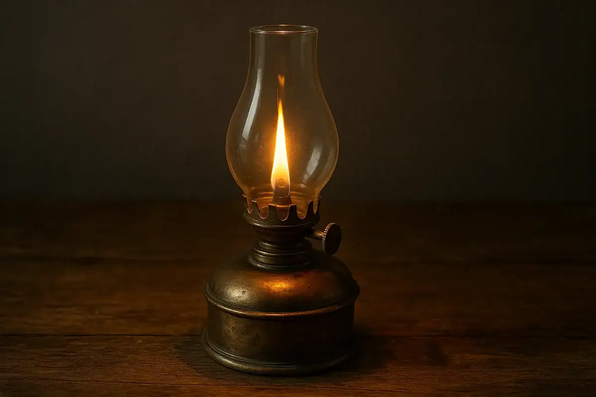 Lampe à pétrole ancienne en verre transparent et base en métal, éclairant doucement dans l'obscurité.